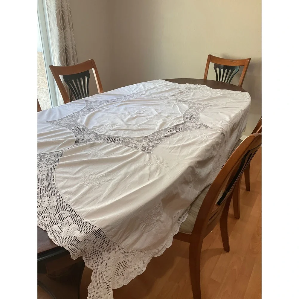 Vintage Tablecloth White Crochet Lace Scalloped Edges Cottagecore Grandma Core